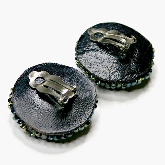 Iridescent Blue Beaded Clip-On Earrings Vintage 1960s-70s Statement Jewelry - Picture 4 of 4